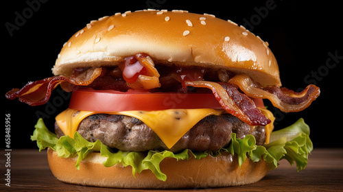 Grilled Beef Burger with Cheddar Cheese on a Bun, with Bacon, Lettuce, Tomato and Onion. by AI.