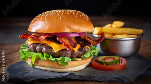 Grilled Beef Burger with Cheddar Cheese on a Bun, with Bacon, Lettuce, Tomato and Onion. by AI.