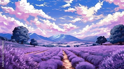 Tranquil lavender fields. Fantasy concept , Illustration painting.