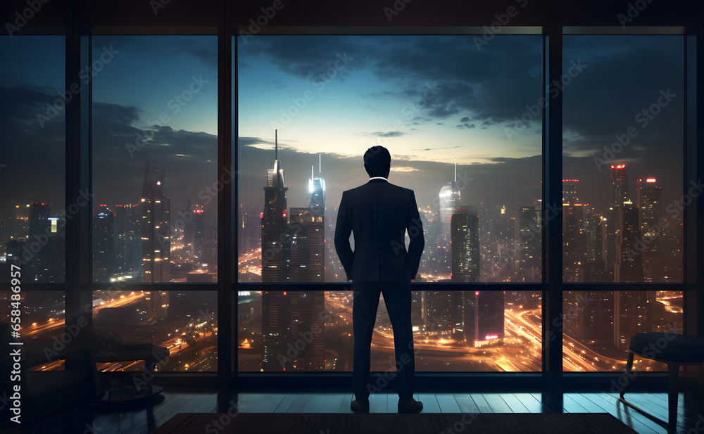 Businessman looking at the night city skyscraper from office window. Generative ai