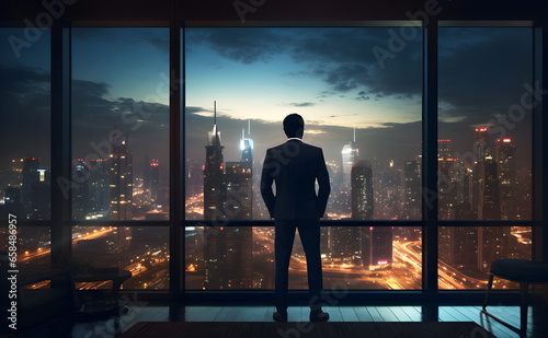 Businessman looking at the night city skyscraper from office window. Generative ai
