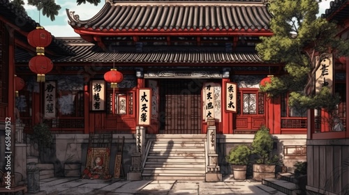 Traditional Chinese courtyard house. Fantasy concept   Illustration painting.