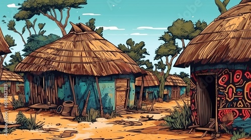 Traditional African village huts. Fantasy concept , Illustration painting. photo