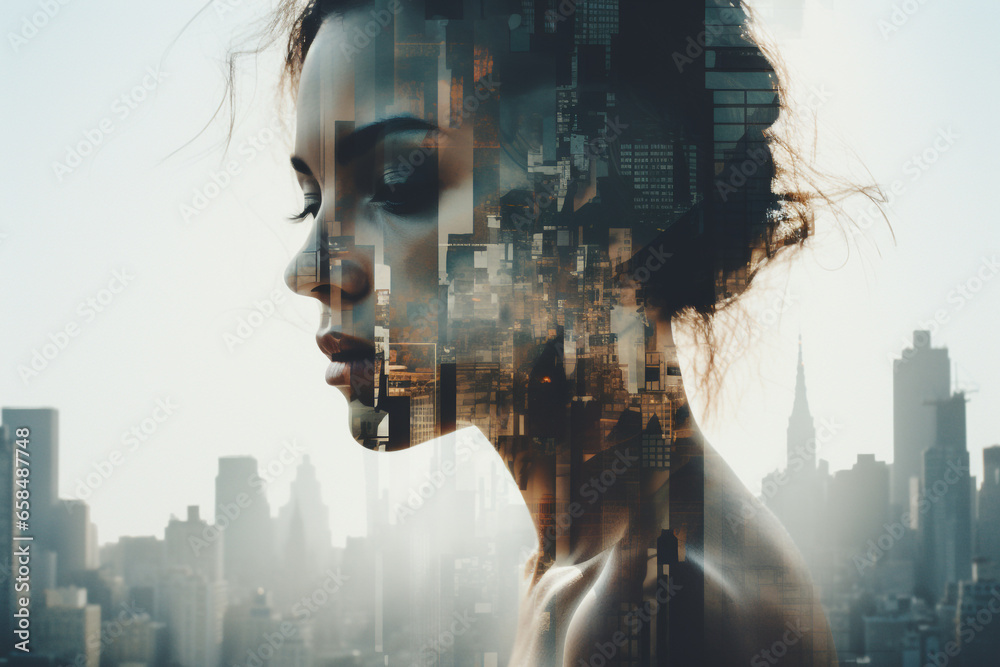 Beauty, fashion, make-up, fine art concept. Abstract minimalist beautiful woman portrait in glitch or double exposure effect. Big cityscape in exposure reflection. Muted pastel colors. Generative AI - obrazy, fototapety, plakaty 