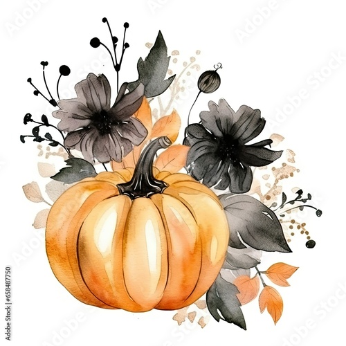 Fototapeta Naklejka Na Ścianę i Meble -  Pumpkin and black flowers watercolor isolated on white