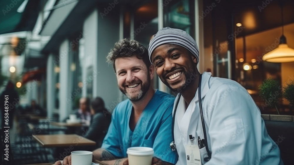A male nurse and his friend drank coffee in the shop before going to work - obrazy, fototapety, plakaty 