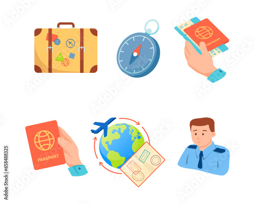 World travel vector illustration set. Suitcase with stamps about crossing the border, compass, ticket and passport in hand, customs officer, around the world on airplane. Air flight, travel concept