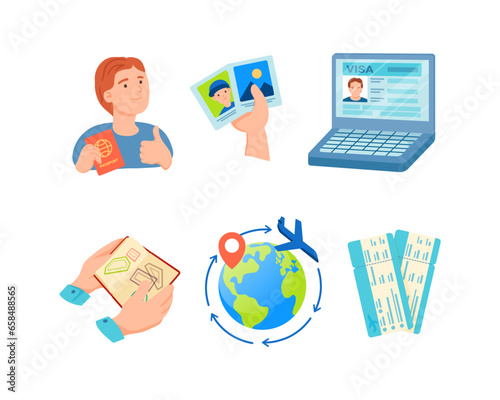 Passport control at airport vector illustration set. Checking data on laptop, air tickets, destination, border crossing stamp, woman with passport, photo in hand. Air trip, customs, travel concept