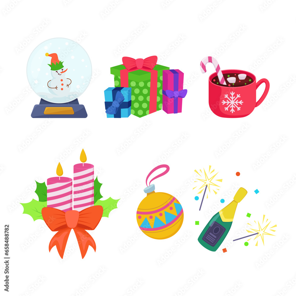 Christmas design elements icon set. Champagne with Bengal lights, snowman in glass ball, candles, hot chocolate in mug, gift boxes illustrations in cartoon style. Holiday, decoration, party concept