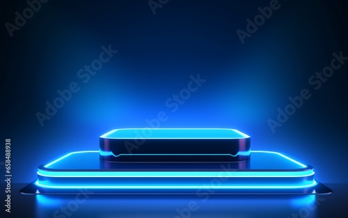empty blue neon podium on dark background © Harry