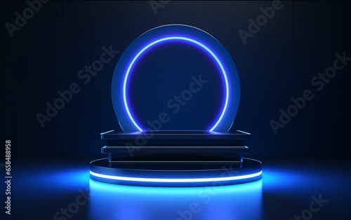 empty blue neon podium on dark background