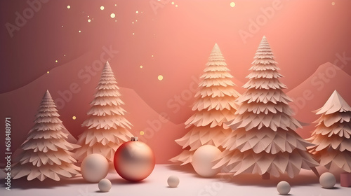 pink origami Christmas trees with decorations on light pink background with copy space. Christmas and New Year greeting card design. 