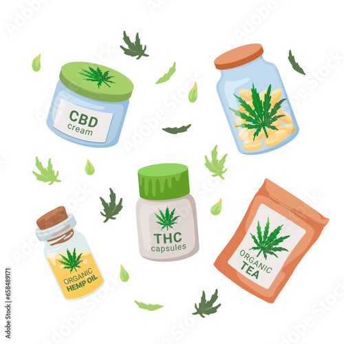 Cannabis icon sets. Vector illustrations of cosmetic cream, pills, medicine, hemp oil, organic tea with medicinal marijuana. Usage of marijuana fir mnadical purpose