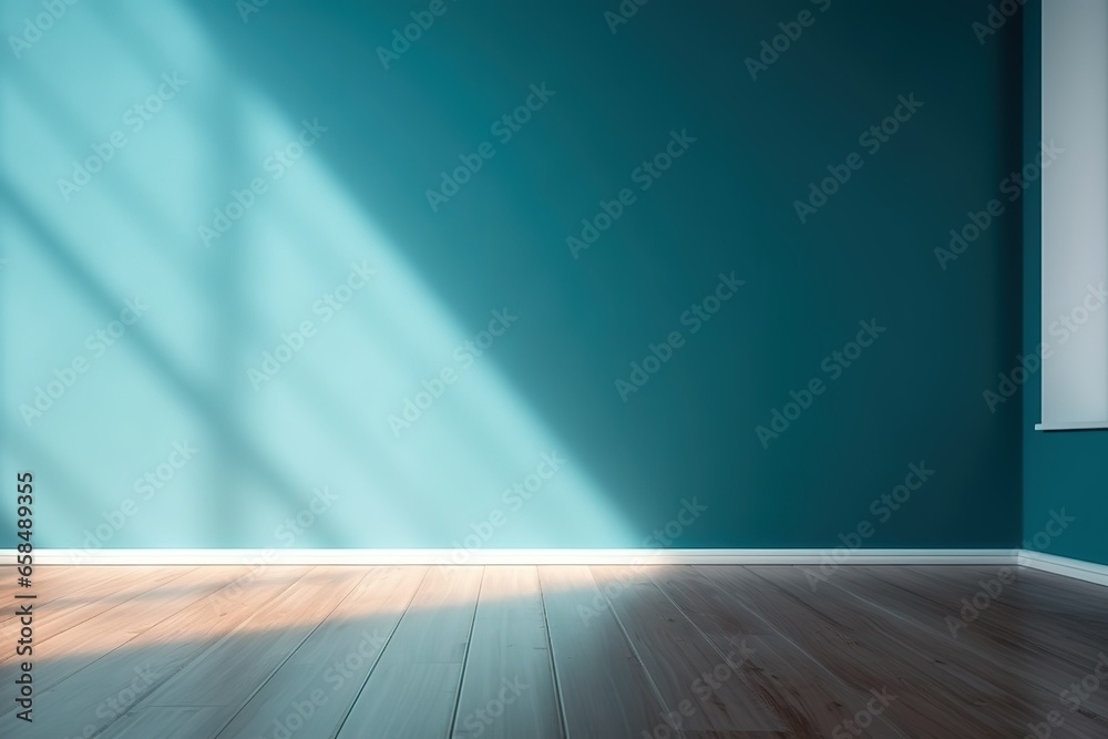 Aesthetic backdrop for presentations displaying a turquoise blue empty wall and wooden floor, complemented by captivating glares from the window, creating an intriguing interior setting