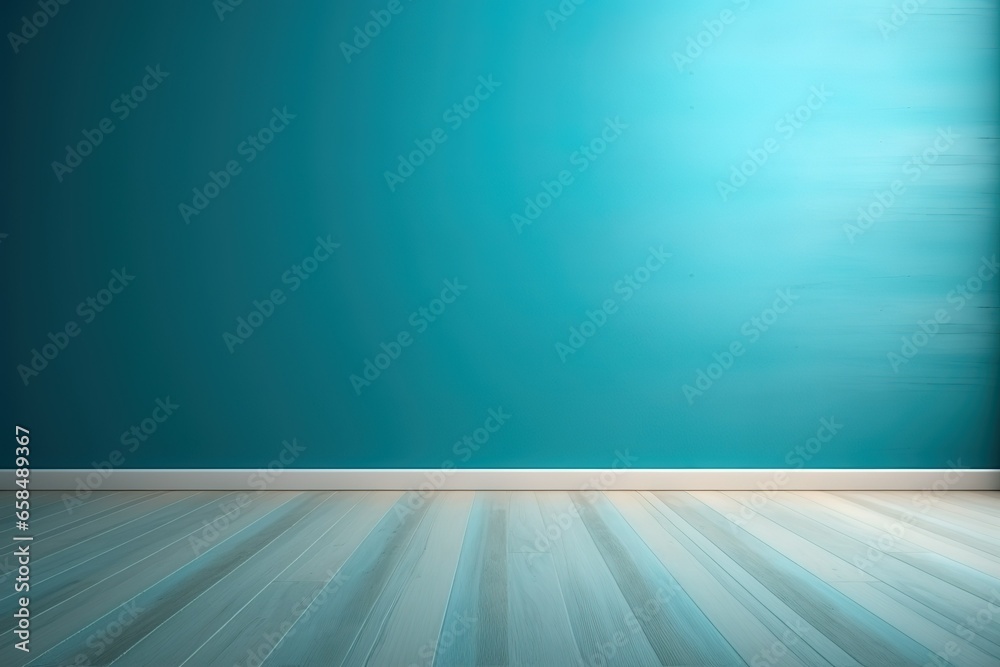 Blue turquoise empty wall and wooden floor with interesting with glare from the window. Interior background for the presentation