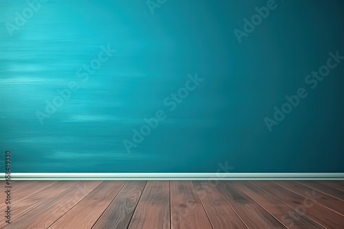 Elegant interior background for presentations  highlighting a turquoise blue empty wall and wooden floor  adorned with intriguing glares from the window  adding a touch of sophistication and interest