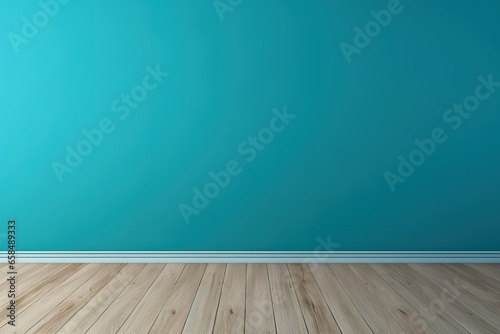 Elegant interior background for presentations  highlighting a turquoise blue empty wall and wooden floor  adorned with intriguing glares from the window  adding a touch of sophistication and interest