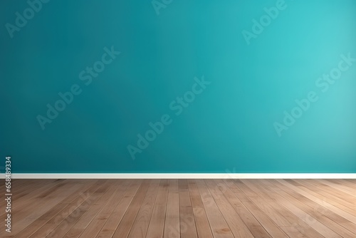 Serene and visually pleasing interior background designed for presentations  featuring a turquoise blue empty wall and wooden floor  with intriguing glares from the window adding a dynamic element