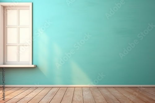 Inviting interior background ideal for presentations  presenting a turquoise blue empty wall and wooden floor  accentuated by intriguing glares from the window  adding visual interest