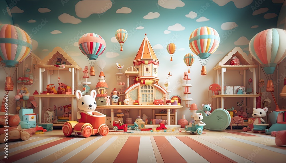 Playroom for children with classic toys as backdrop for studio photo of child