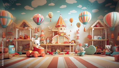 Playroom for children with classic toys as backdrop for studio photo of child
