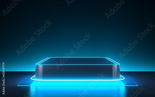 empty cyan neon podium on dark background