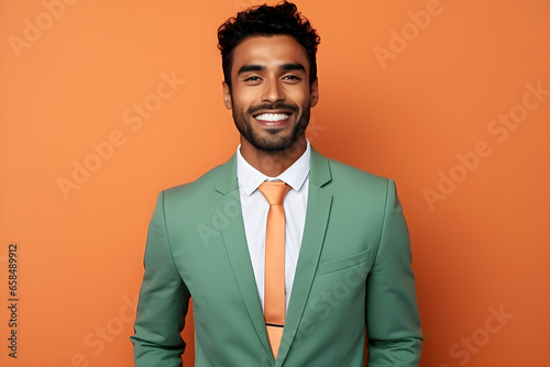 Handsome happy Indian man in green business suit on bright orange colour background, colourful studio portrait