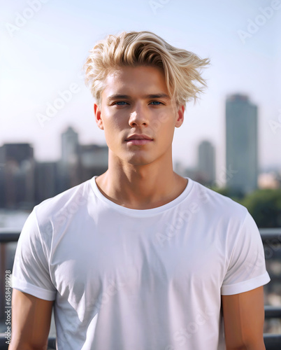 A portrait of a handsome male model wearing a white T-shirt on a city landscape background. © Alan