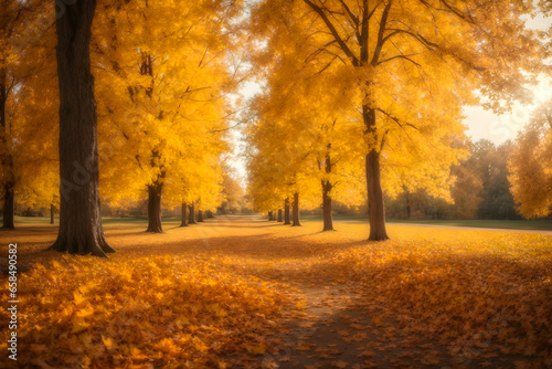 Beautiful autumn landscape with yellow trees and sun. © Nisit