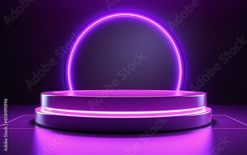 empty purple neon podium on dark background