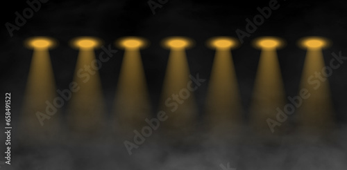 Concert stage with yellow spotlight and white smoke. Royalty high-quality free stock image of Stage orange smoke spotlights background. Yellow spotlight strike through the darkness, light Effects