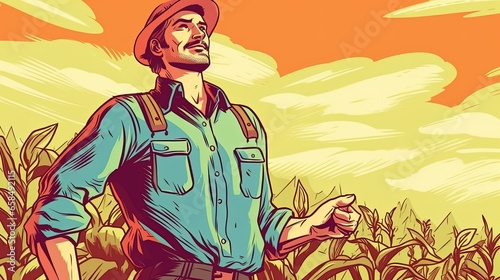 A farmer on the background of his plantations. Fantasy concept   Illustration painting.