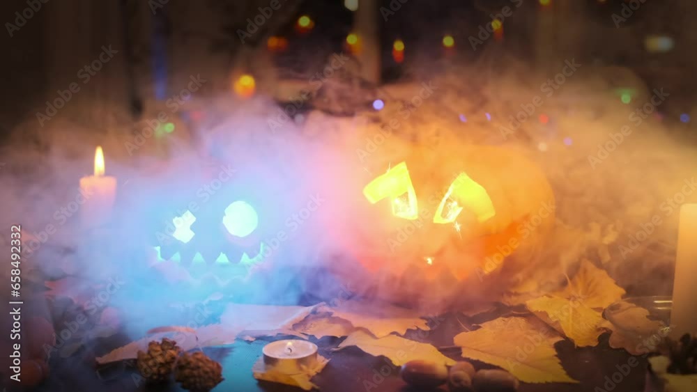Halloween background with Jack O Lanterns sparking light inside, smoke ...
