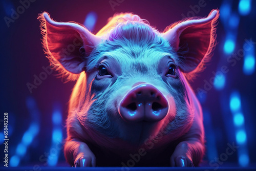 pig on blue neon background