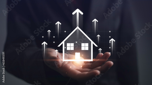 Estate investment market, Property value concept. Businessman owner home real investment building growth or broker in market development rise up arrow value growth, Percentage rental income.