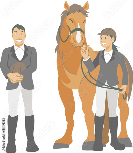 乗馬クラブの競技に参加する馬と男女