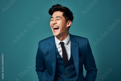 Handsome happy Asian man laughing and smiling in blue business suit on bright blue colour background, colourful studio portrait