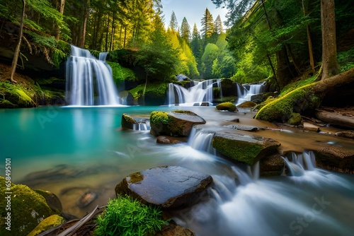 A serene waterfall cascading into a crystal-clear pool in a lush forest