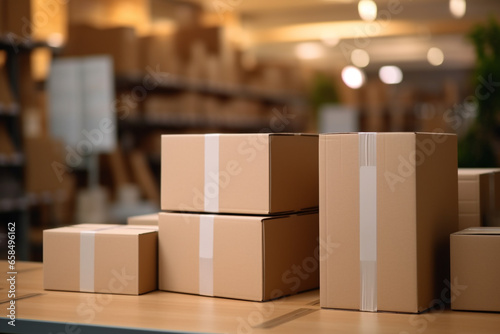 Parcel box package with blurred shelve background in retail store for delivery. © Golden House Images