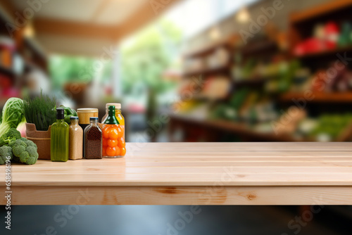 Tableau sur toile Top of surface wooden table with blurred grocery store  background
