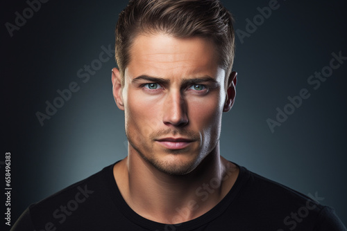 Fashion, style concept. Gorgeous young man close-up studio portrait. Natural looking young model looking at camera. Generative AI © Rytis