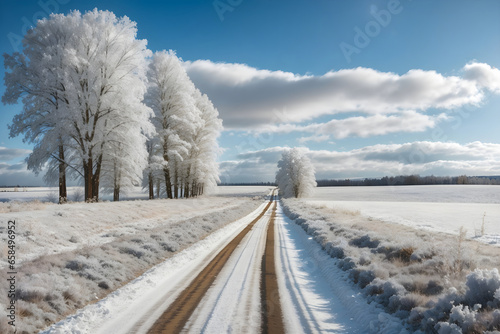 dirt road and snowy under blue sky with white fluffy clouds © Nisit