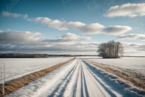 dirt road and snowy under blue sky with white fluffy clouds