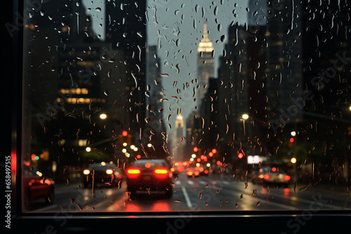 Big city view from car window during rain. Car glass covered with rain drops. Bokeh view of car light and huge skyscrapers through car window. Generative AI © Rytis