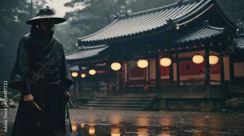Traditional of Japanese, Epic samurai with a weapon sword standing in front of a old temple.