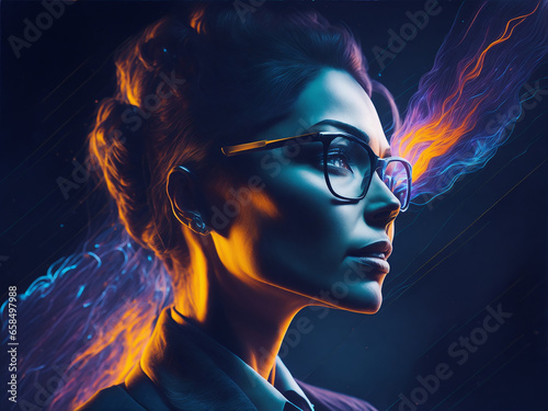 futuristic portrait of an intellectual business woman with spacs in neon light on a dark blue background. entrepreneur.  photo