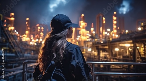 Engineer woman petrochemical working with laptop at oil and gas refinery plant industry factory at night.