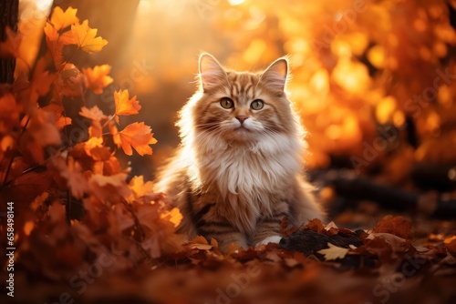 Cute cat at autumn garden. Generative AI