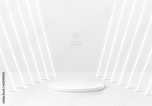 Abstract 3D white cylinder pedestal podium background with perspective neon lighting lines. Mockup product display presentation. Minimal wall scene. Stage showcase. Platforms vector geometric design.