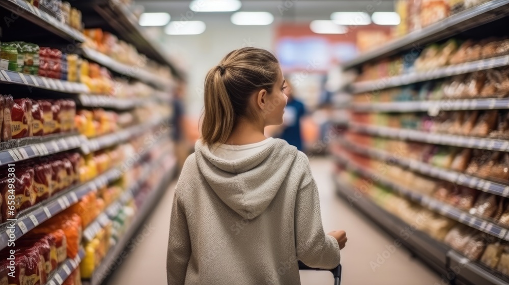 Young women are shopping in supermarket, Buying groceries and food products.